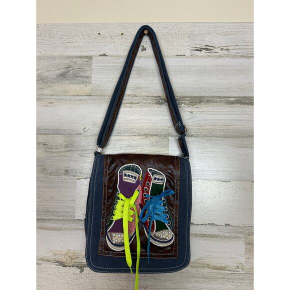 Vintage Y2K jean denim embroidered leather converse boho Crossbody Bag purse - Picture 1 of 8